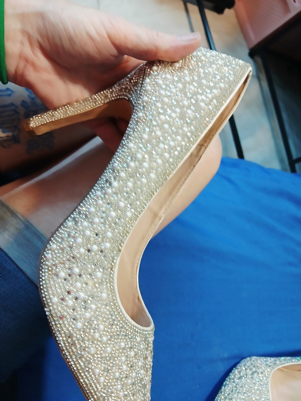 Signature Champagne Pearl & Rhinestone Stiletto Heels - Picture 2 of 7